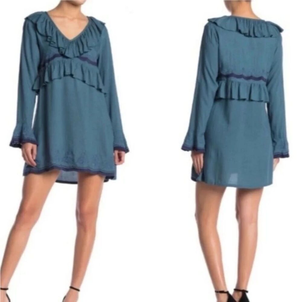 Raga NWT Embroidered Bell Sleeve Boho Mini Dress Ruffles V Neck Blue Large New